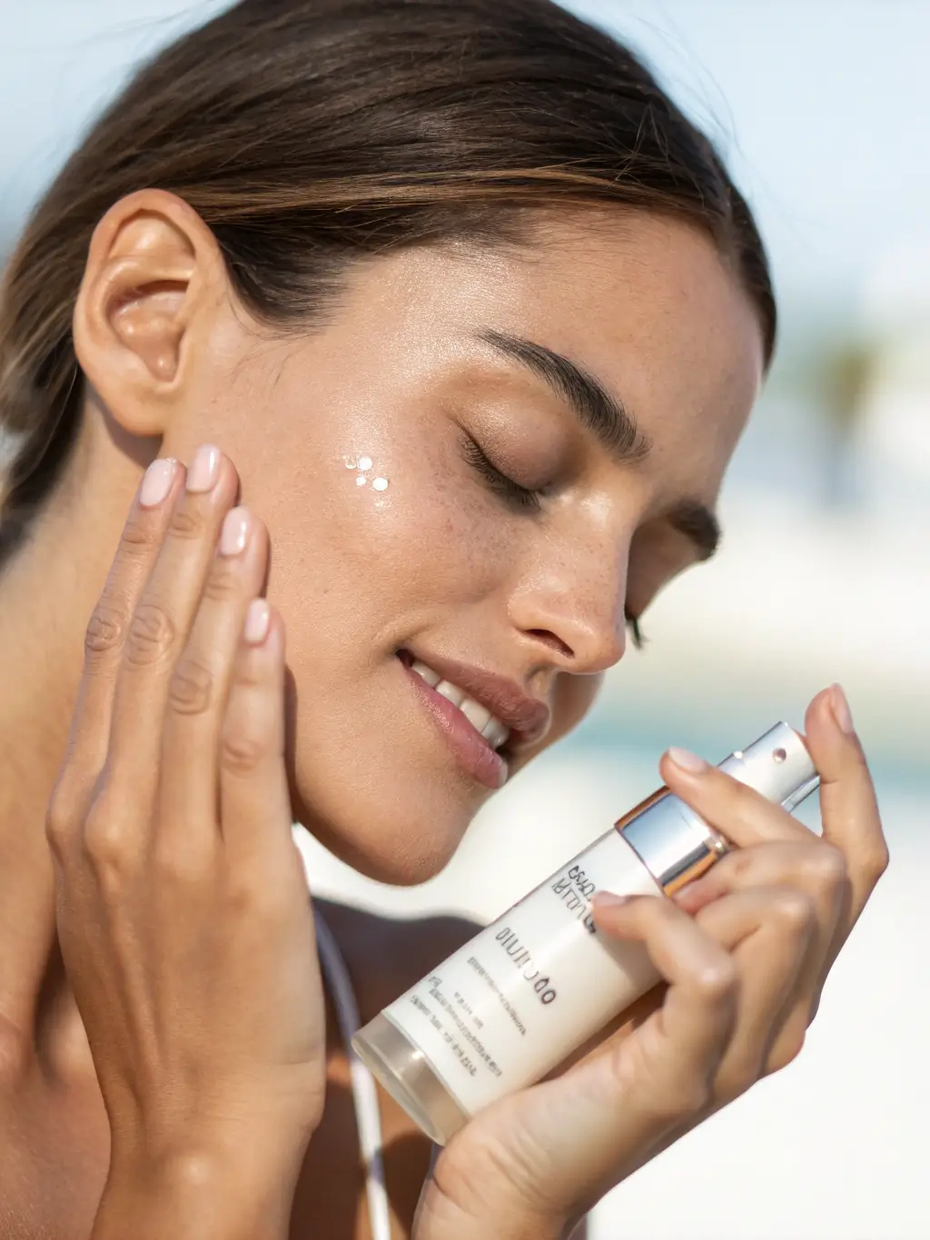 Close-up of a woman with flawless, glowing skin, showcasing a simple yet effective skincare routine, emphasizing natural beauty and healthy skin.