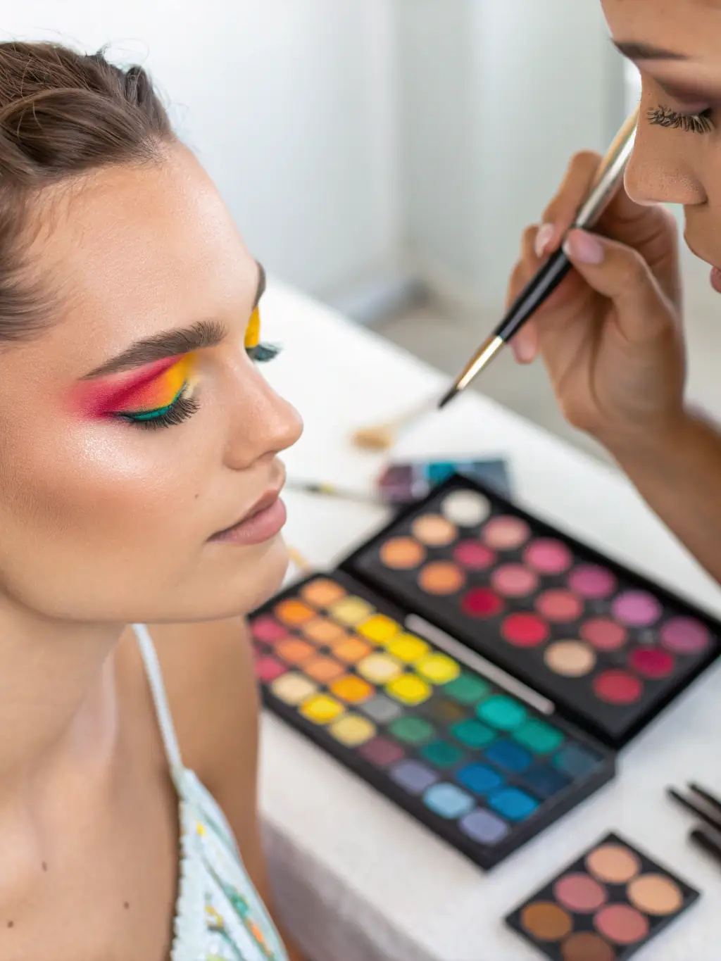 A makeup artist applying vibrant eyeshadow on a woman of color, highlighting makeup tips and techniques for diverse skin tones, inspired by Motown glamour.