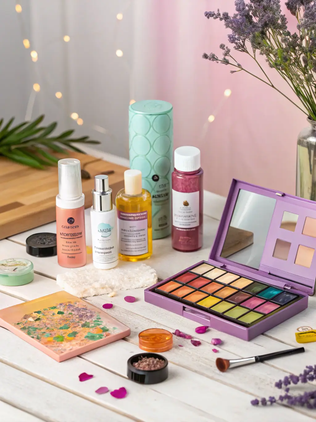 A collection of essential beauty products, including skincare, makeup, and hair care items, arranged in an aesthetically pleasing manner, representing the core elements of a beauty routine.